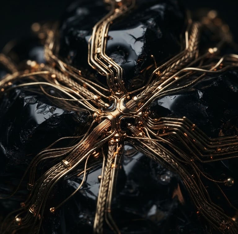 Macro close-up of polished black obsidian and brushed gold neural conduits, dramatic low-key studio lighting, sharp high-contrast reflections, 35mm