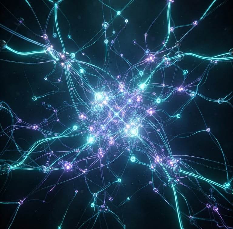 Sleek 3D render of interconnected glowing nodes, dark moody background with sharp neon-cyan edge-lighting, cinematic studio lighting, octane render