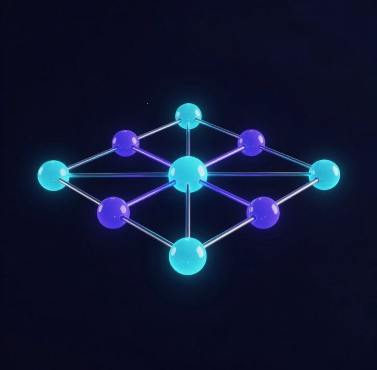 Sleek 3D render of interconnected glowing cyan and violet nodes, clean structural system architecture on a deep midnight-navy background, cinematic studio lighting
