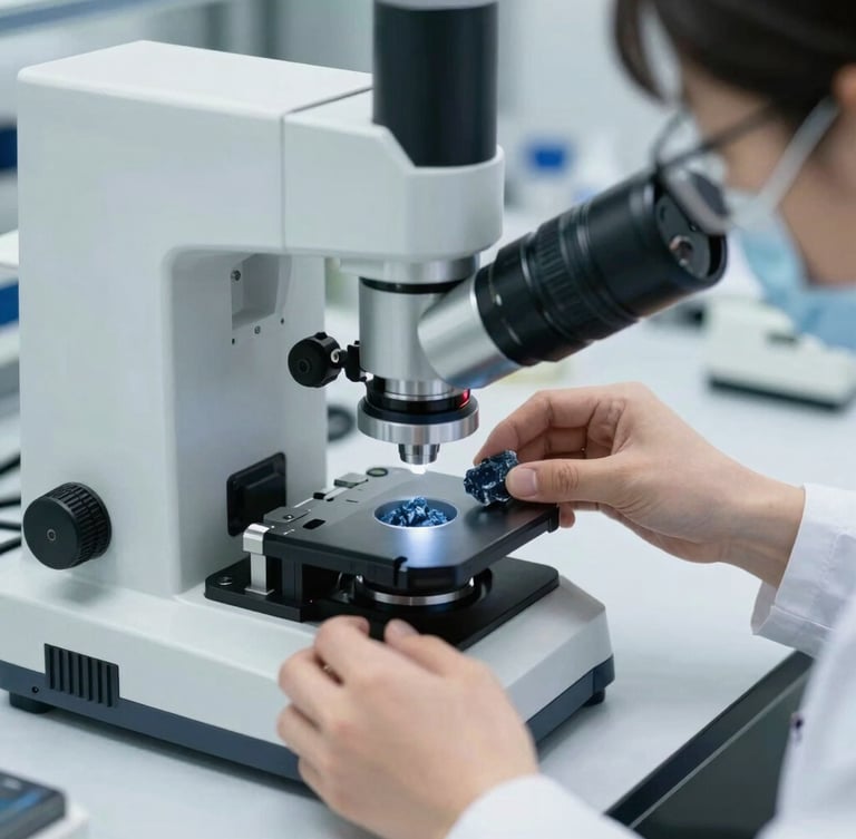 A technician in a clean laboratory setting using high-precision spectroscopy equipment to analyze mineral samples, cool daylight, slate tones.