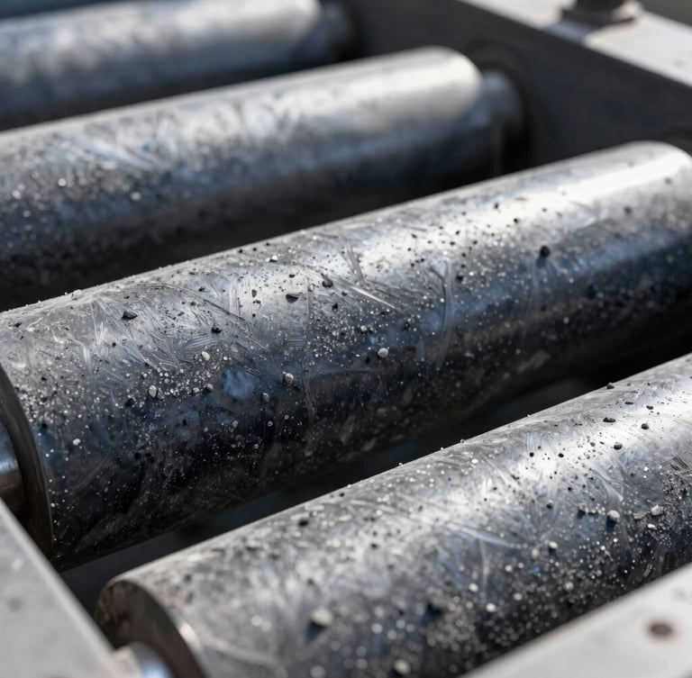 Macro photography of industrial mineral milling plant, steel rollers, cool high-contrast daylight, sharp industrial textures