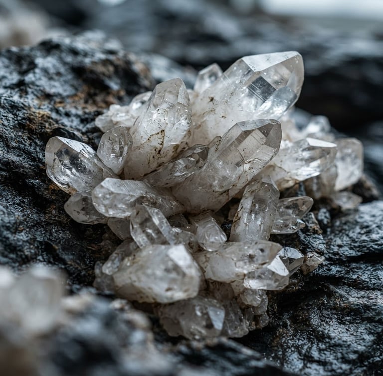 Crisp industrial photography of raw quartz crystals, high-contrast cool daylight, sharp mineral textures with deep slate tones, macro lens, shallow depth of field.