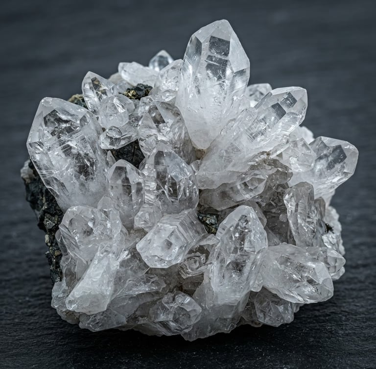 Crisp macro photography of raw quartz crystal clusters under cool high-contrast laboratory light, showcasing sharp mineral facets and translucent textures.