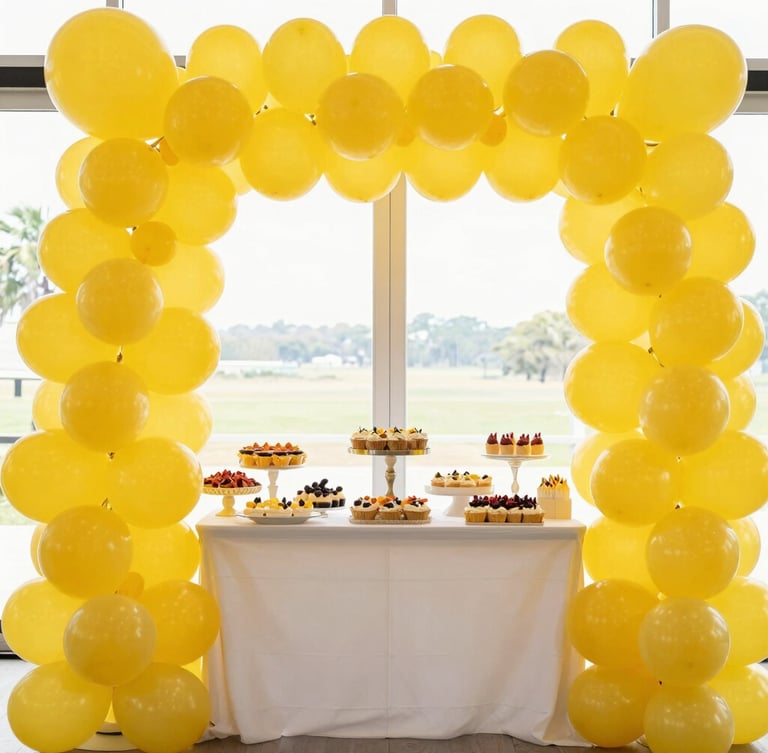 Bright high-key photography of a beautifully decorated event venue, a massive coral and sunny yellow balloon arch framing a dessert table, warm natural light, joyful celebratory energy, sharp focus, 35mm lens