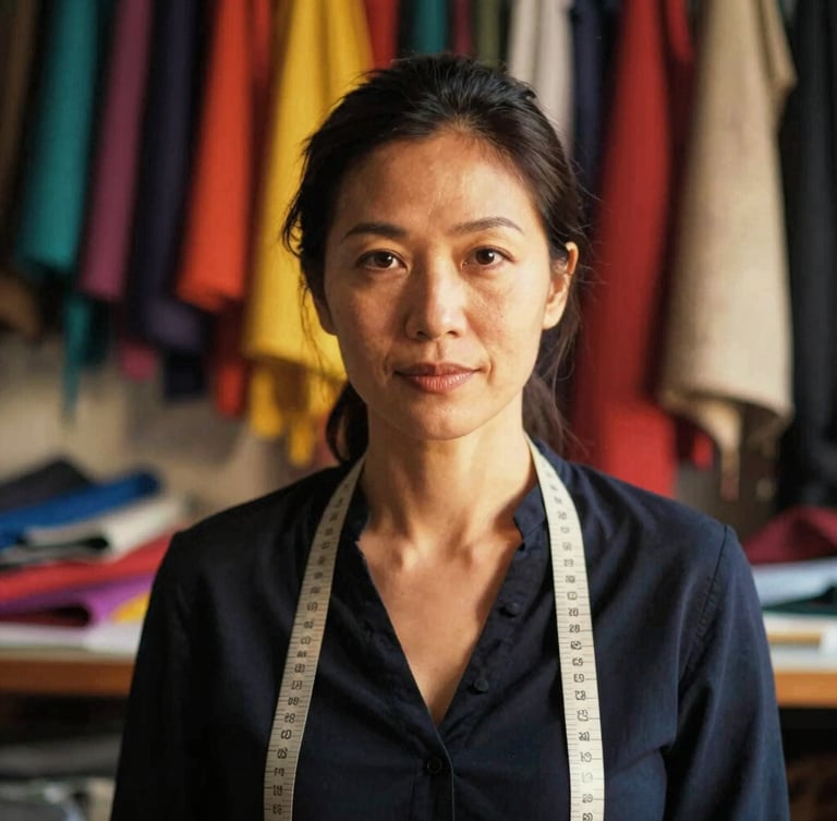 A dignified close-up portrait of a female tailor in her workshop, natural golden-hour light illuminating colorful fabrics in the background, 35mm