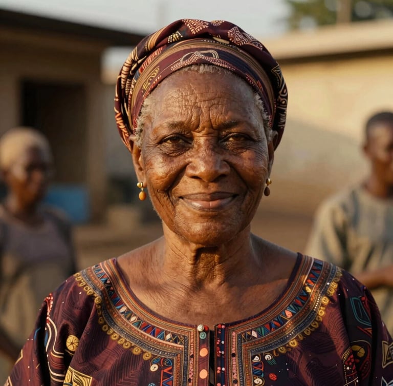 Dignified medium close-up of a smiling senior woman in Lagos, warm natural golden-hour daylight, rich deep tones, shallow depth of field, 35mm