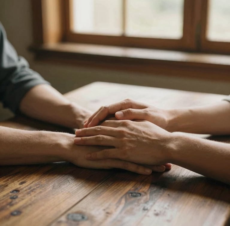 Close-up of hands of two people resting on a rustic wooden table in a warm, sunlit room, conveying support and quiet understanding, shallow depth of field, 35mm film style.