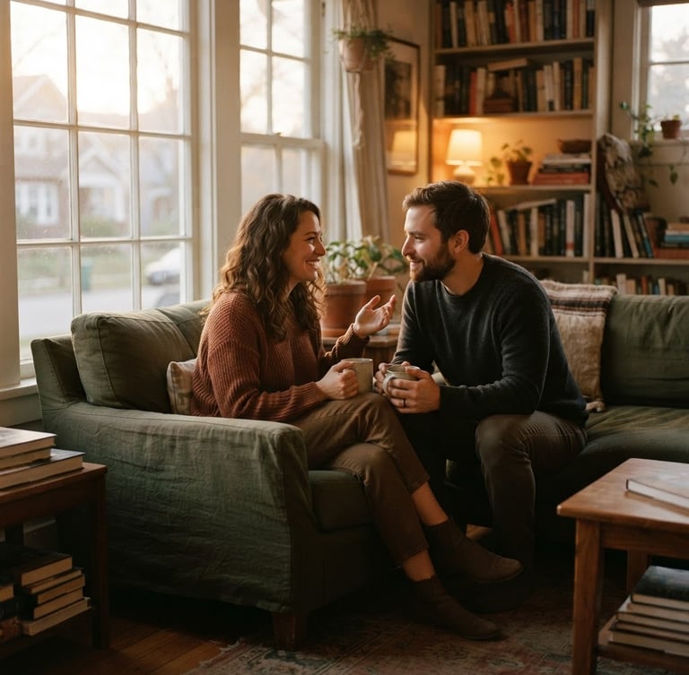 Warm environmental portrait of a couple in soft, quiet dialogue, sitting near a window with diffused golden-hour light, gentle expressions, 35mm film style.