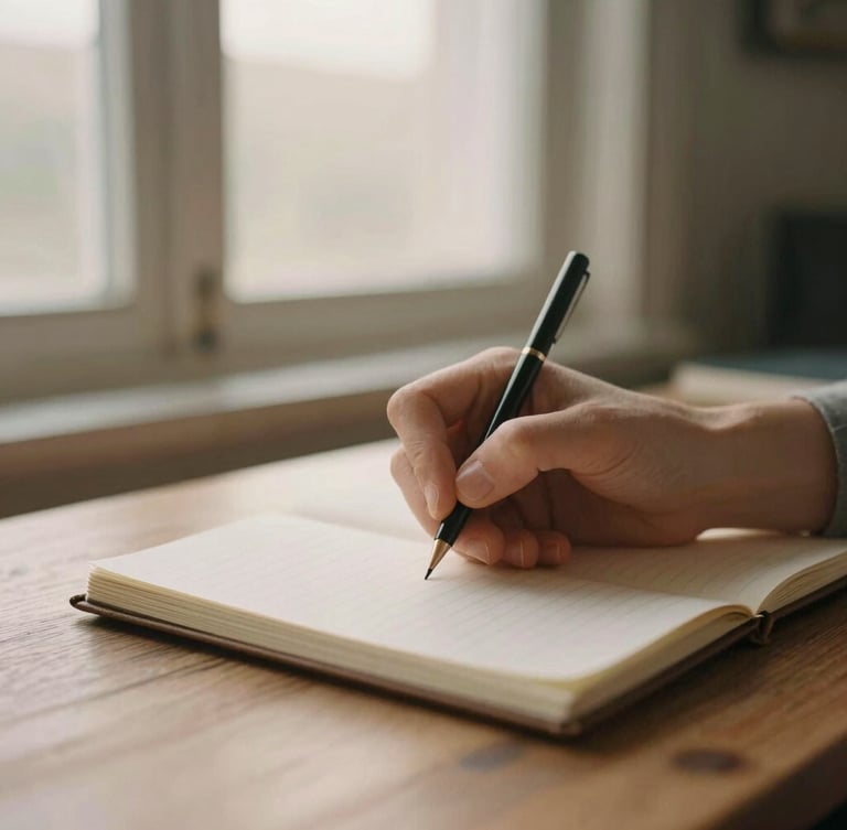 Close-up of a person writing in a notebook, calm expression, elegant workspace with warm wooden textures, soft morning window light, muted earth tones, 35mm film style