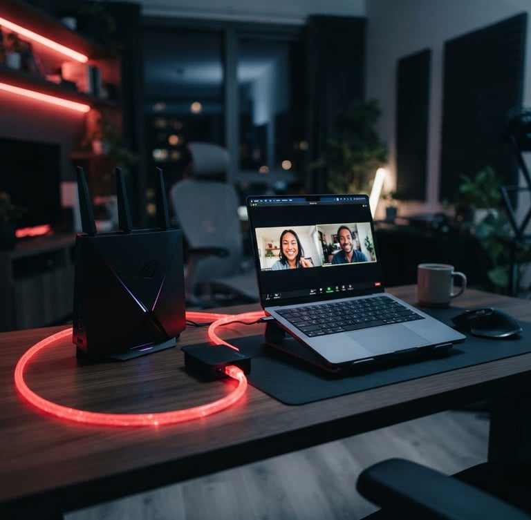 Modern home office setup with a sleek router, glowing red fiber optic cable, and a laptop displaying a video call, cool ambient light with warm red neon accents, shallow depth of field, 35mm