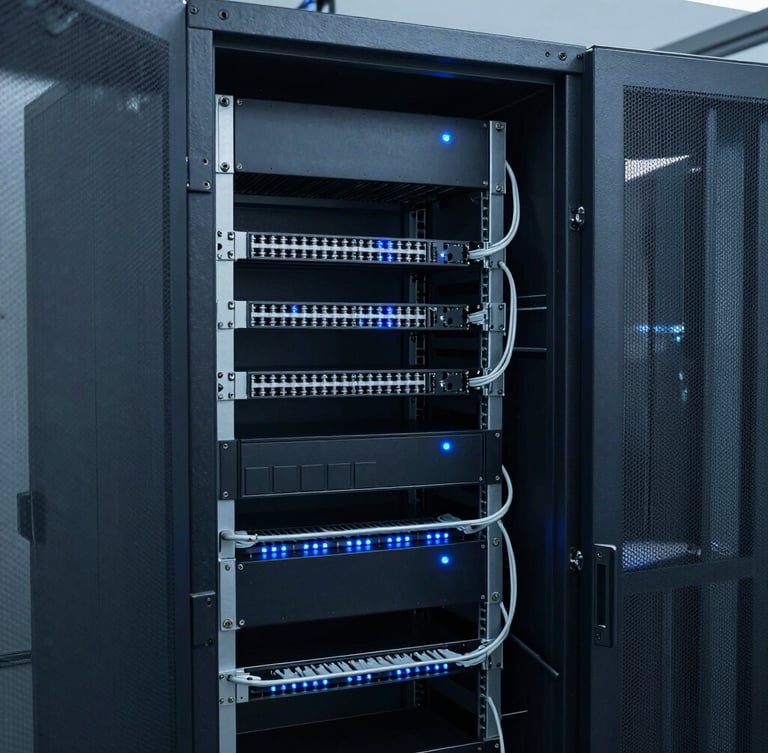 Immaculate server rack cabling in a cool-toned server room, clean organization, low-key blue indicator lights, sharp 35mm industrial photography