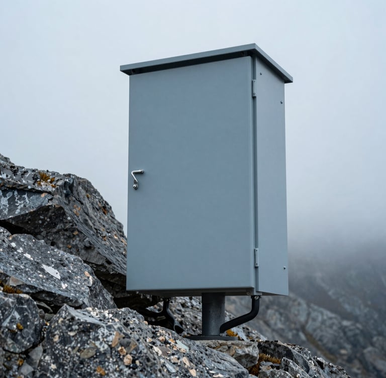 Cool industrial tech photography, overcast mountain daylight. Close-up of a rugged outdoor telecommunications enclosure mounted on a granite rock surface, slate blue and charcoal tones, sharp focus.