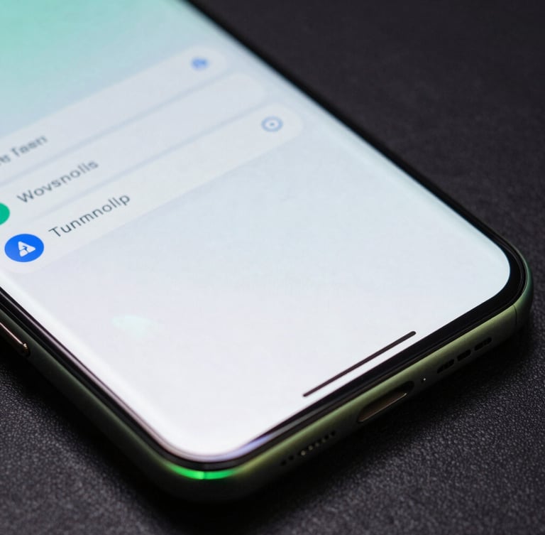 Extreme close-up of a flagship Android device screen at an angle, displaying fluid UI transitions with high frame-rate rendering, subtle green neon edge-glow reflecting on the glass, dark studio setting.