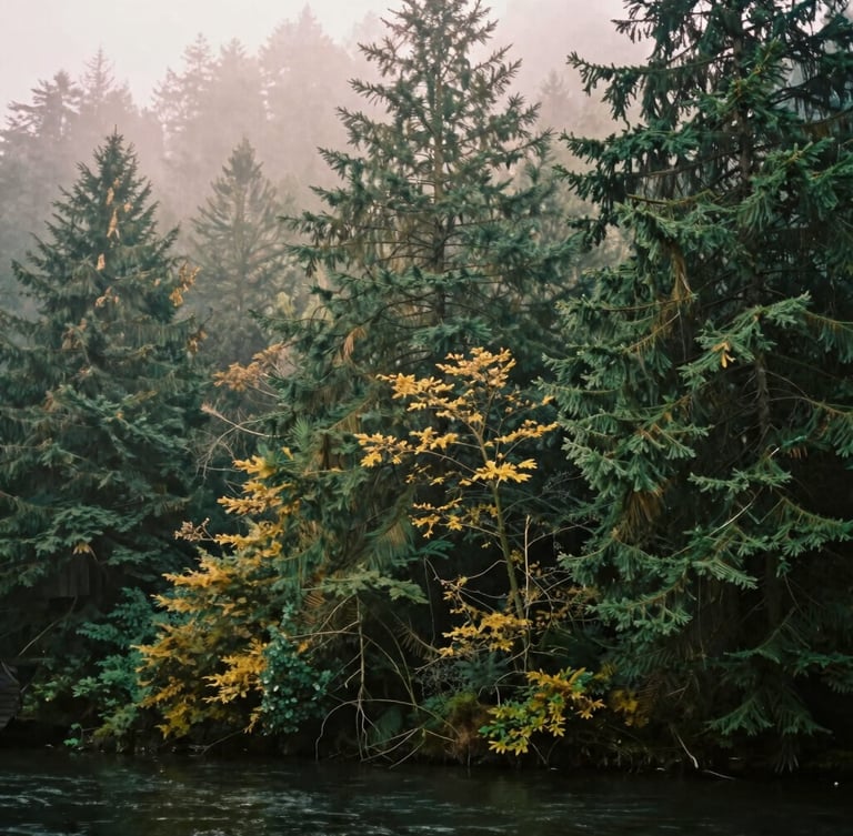 Moody film photography of a misty river town in the Pacific Northwest, dense evergreen hemlocks shrouded in heavy morning fog, soft focus, deep green and gold tones.