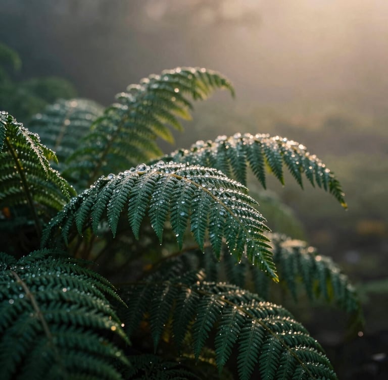 Macro shot of dew-covered ferns under a deep green canopy, soft golden morning light filtering through fog, moody film photography.
