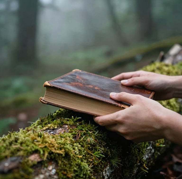 Close-up of hands holding an old leather-bound book on a moss-covered log in a misty forest, soft daylight, moody film photography