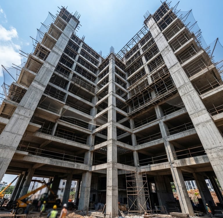 Low-angle architectural shot of a modern concrete and steel building frame under bright Visakhapatnam midday sun, sharp structural geometry, high detail realism.