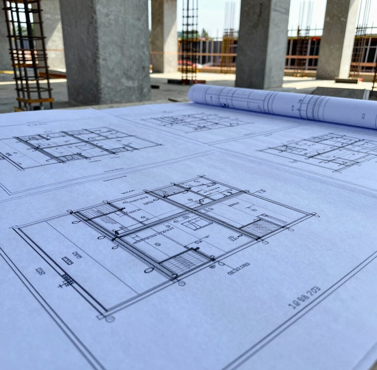 Close-up of civil engineering blueprints laid out on an active construction site, concrete columns and steel reinforcement bars visible in the sharp natural daylight background