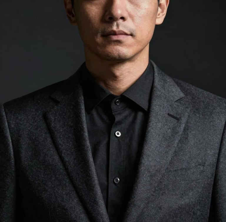 Close-up portrait of a male professional brand consultant in a tailored charcoal suit, low-key studio lighting with deep shadows, dark minimalist background.