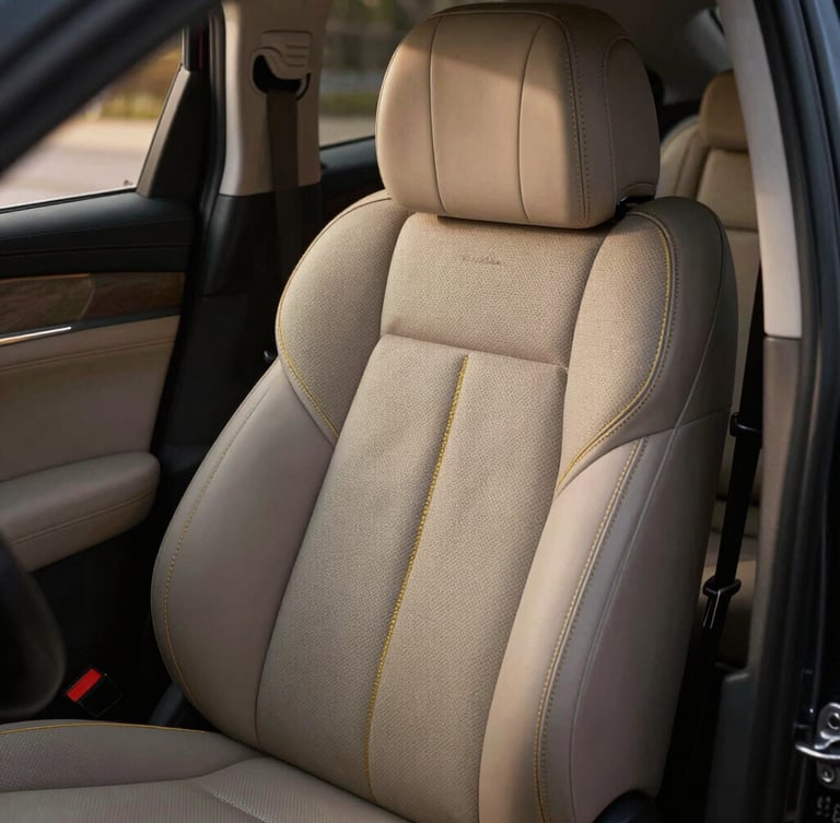Close-up of Jaecoo J8 premium leather cabin seat with intricate golden stitching, soft ambient LED lighting casting a warm glow, luxury executive atmosphere