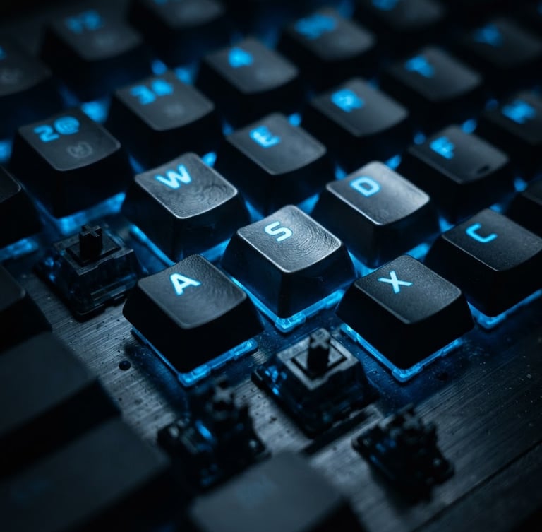 Extreme close-up macro shot of a premium mechanical keyboard with custom keycaps, low-key dark studio lighting with sharp electric blue backlighting, sleek and futuristic
