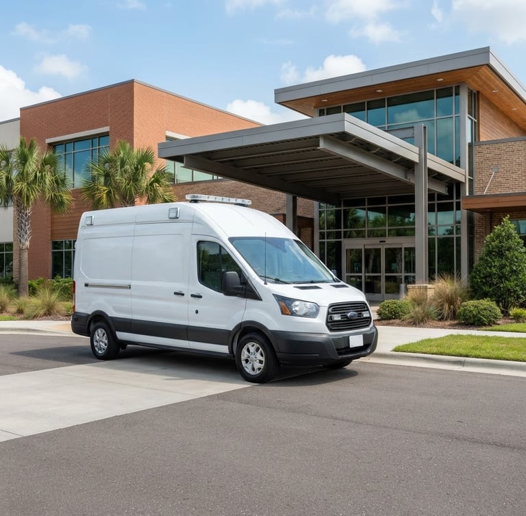A clean white modern medical transport fleet vehicle parked in front of a modern brick healthcare facility in Louisiana, bright daylight, architectural framing
