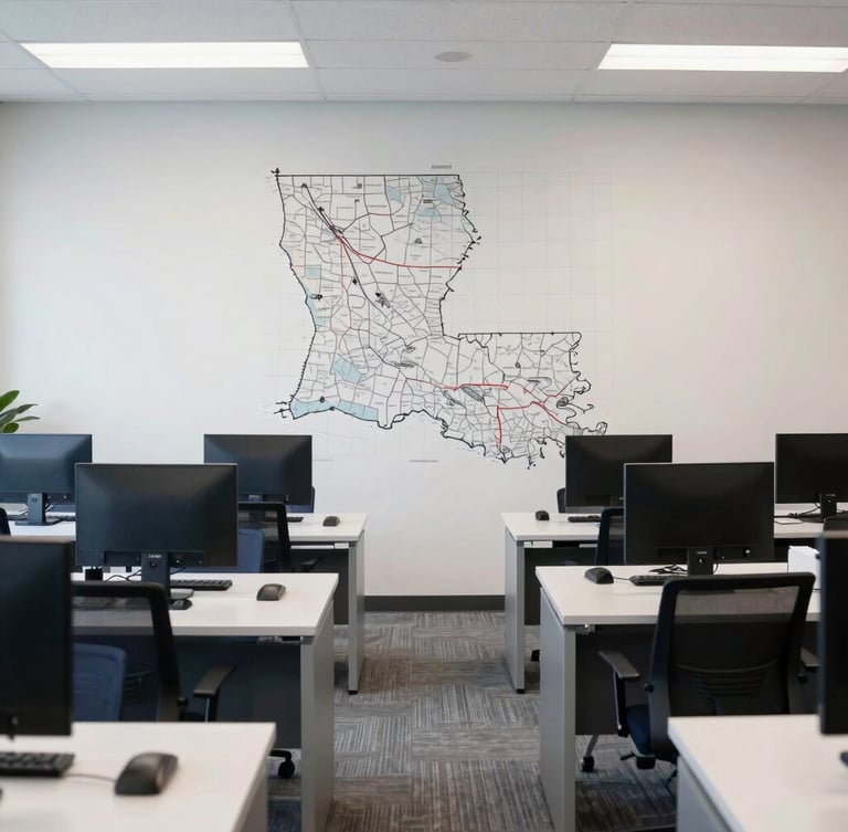 A bright, professional office space in New Orleans with structured desks and regional maps of Louisiana visible on the wall, clean corporate photography