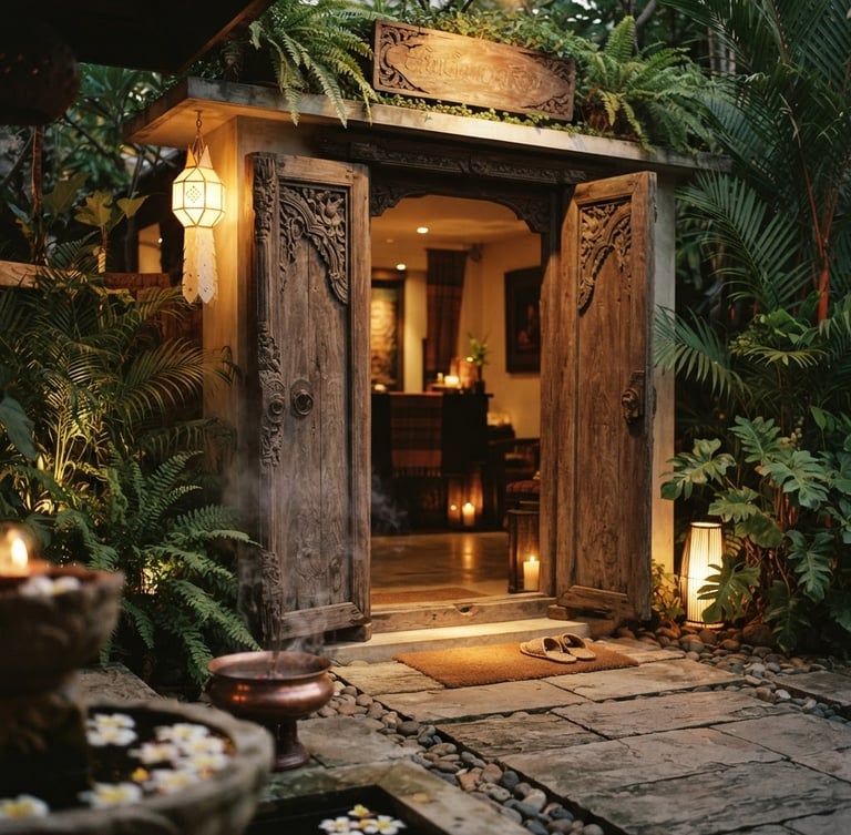 Warm editorial photography of a serene Thai spa entrance, soft low-key golden light, deep teakwood doors, a subtle scent of lemongrass hinted by a warm mist in the air, shallow depth of field, 35mm
