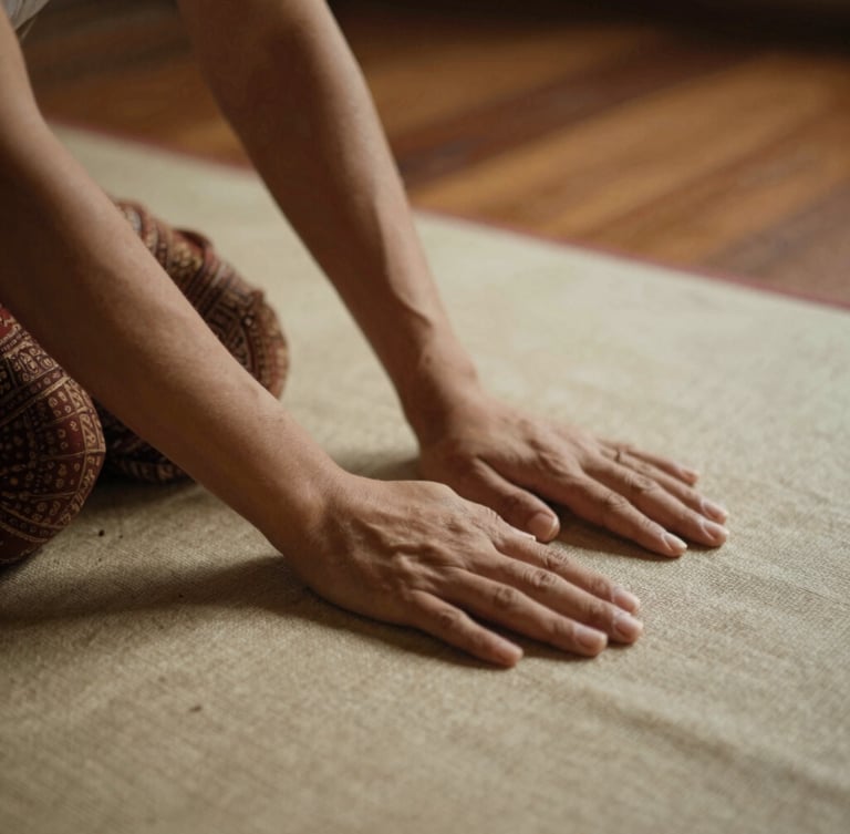 Close-up of skilled hands performing traditional Thai stretching on a clean linen mat, warm low-key teakwood lighting, shallow depth of field, 35mm photography.