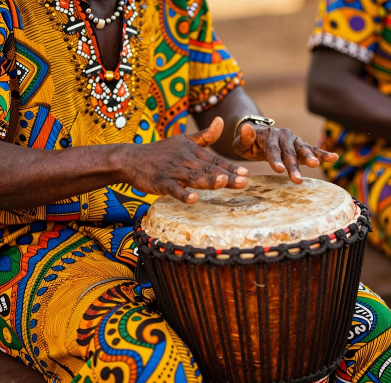 Dynamic close-up of a traditional African drummer in bright woven textiles, hands striking a djembe with intense energy, shallow depth of field, warm stage lighting.