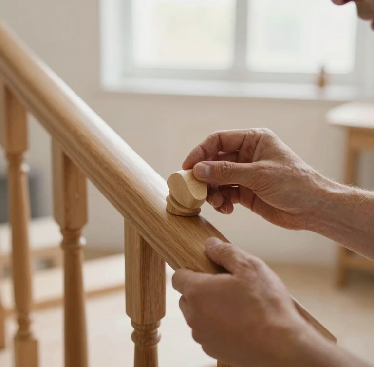 Close-up of a craftsman's hands carefully polishing a smooth, curved wooden handrail in a bright workshop, warm natural light, shallow depth of field