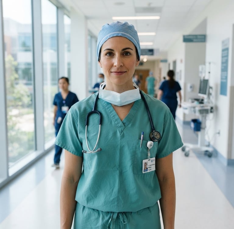 Close-up of a surgeon wearing pristine teal medical scrubs in a bright, modern clinical hallway, natural daylight, sharp focus, 35mm lens