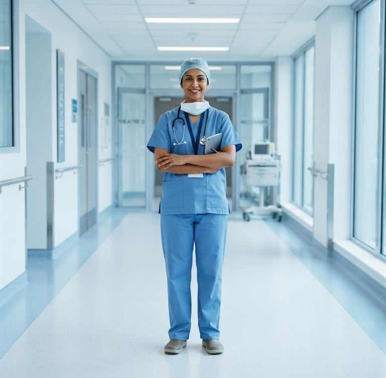 A professional doctor in sterile blue surgical scrubs standing in a bright, clean, modern clinical hallway, natural daylight, soft sterile blue tones, sharp focus.