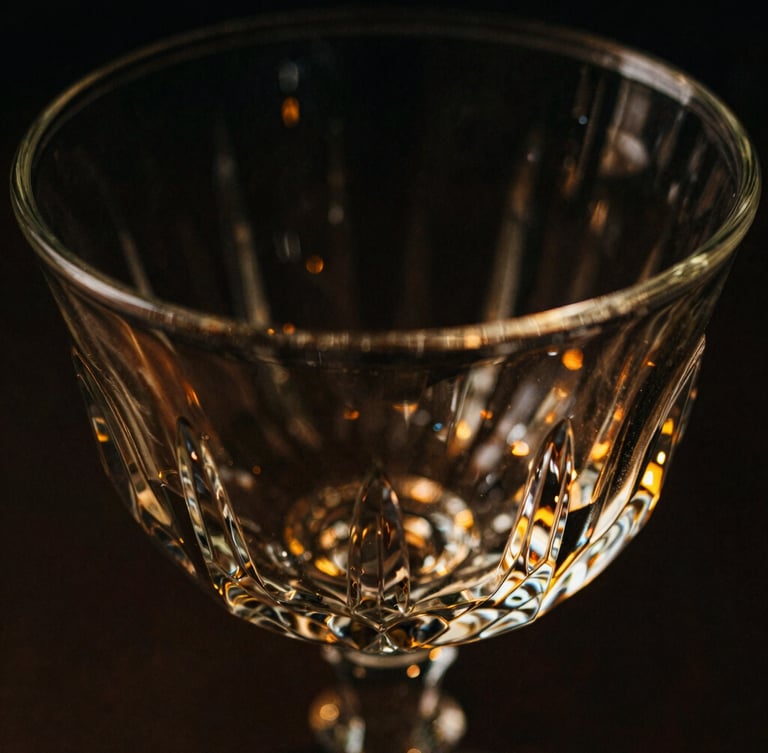 Extreme macro close-up of a heavy-bottomed geometric crystal glass rim, single-source golden amber directional light catching sharp facets, pitch black background, 35mm film style