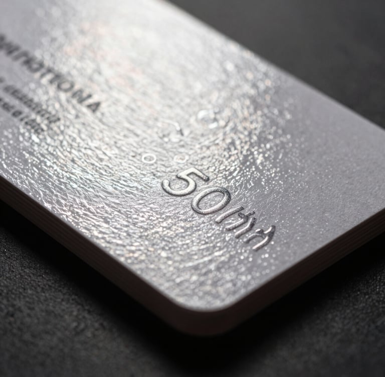 Sharp macro photography of a heavy cardstock business card with glossy spot-UV coating reflecting bright studio light, shallow depth of field, 50mm, dark paper texture.