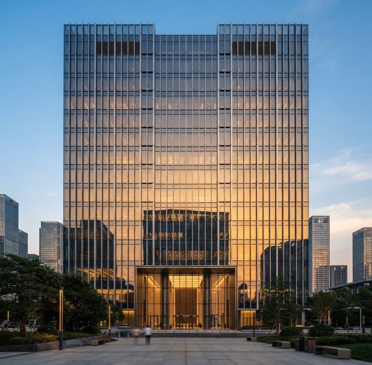 Fachada de edifício corporativo moderno, simétrico, em vidro e aço, sob luz natural difusa, com reflexos dourados do pôr do sol, arquitetura de alto padrão.