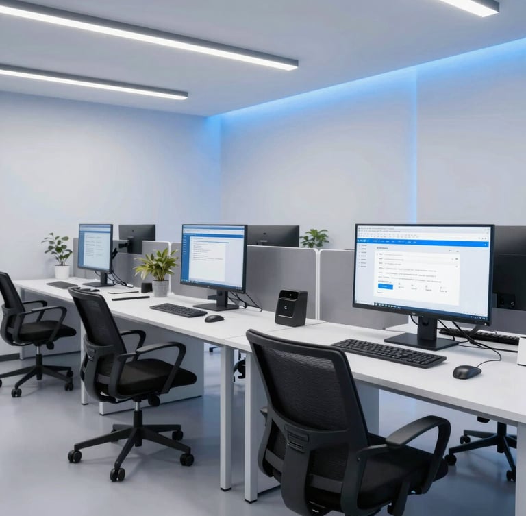 Wide environmental shot of a modern tech workspace in Jakarta, bright studio lighting with soft electric blue ambient glows, ultra-wide monitors displaying clean UI/UX design, professional and innovative atmosphere, 35mm lens