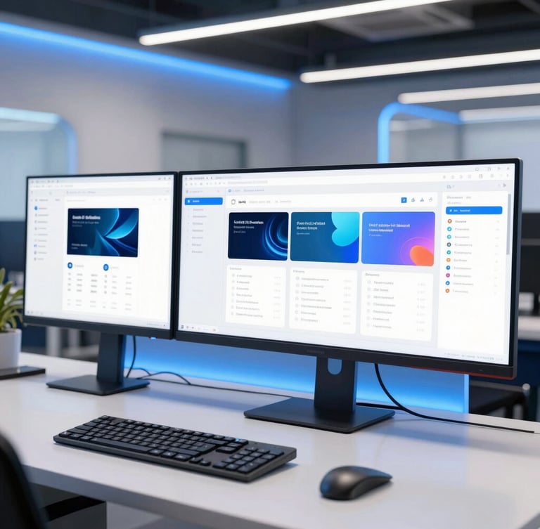 Modern tech workspace with ultra-wide monitors displaying high-end UI/UX designs, bright studio lighting with electric blue ambient glows, clean commercial photography
