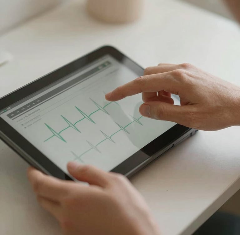 Warm editorial photograph, soft natural daylight, close-up of hands tracking physiological markers on a digital device, clean data visualization on screen, muted organic tones, shallow depth of field.