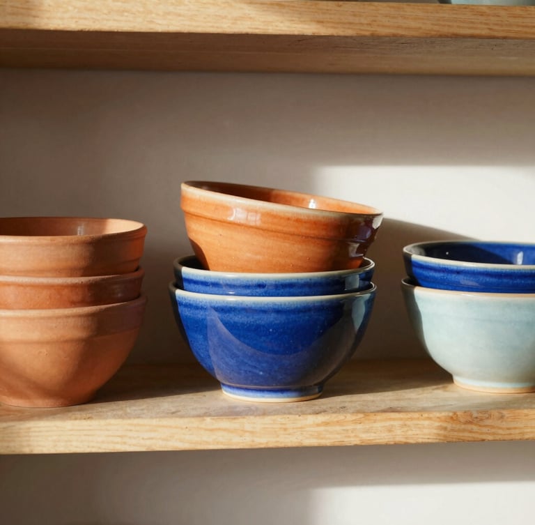 Warm sun-drenched kitchen shelf with stacked terracotta and cobalt blue ceramic bowls, soft shadows, 35mm
