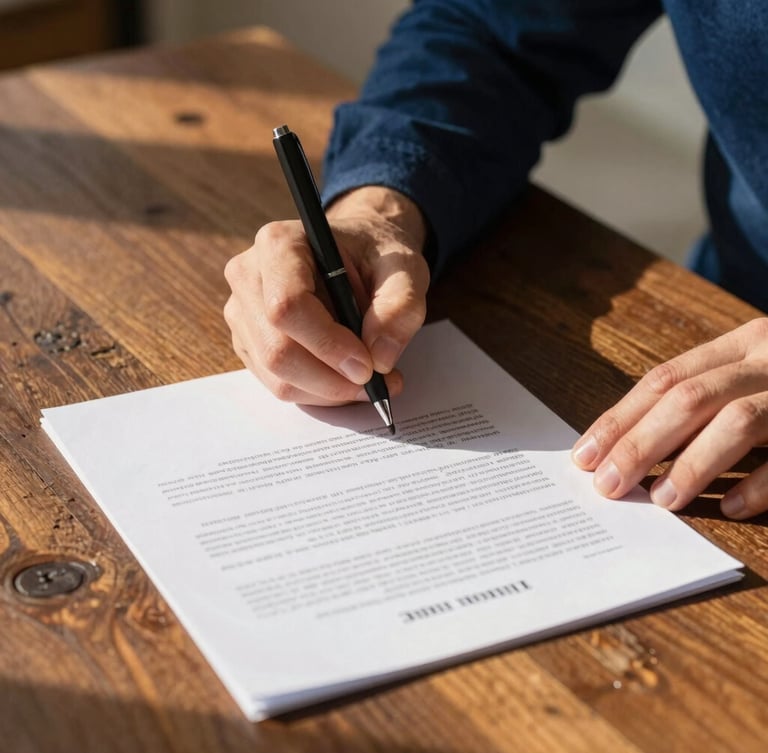 Close-up shot of hands signing legal documents on a rustic wooden table, warm golden-hour natural light, deep indigo shadows, authentic editorial photography.