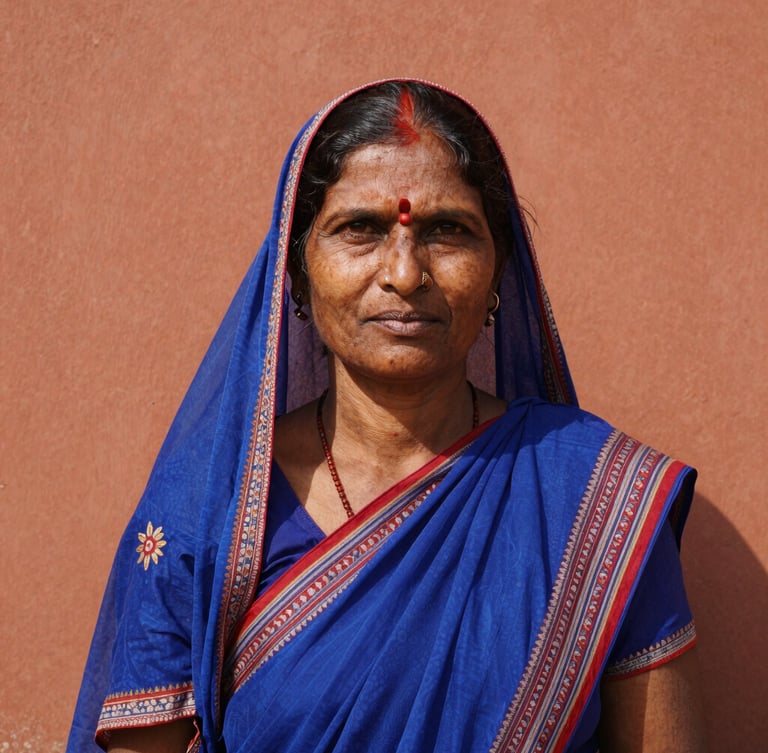 Dignified eye-level environmental portrait of a rural Indian woman leader looking directly at the camera, harsh authentic midday sun, warm terracotta tones, 35mm lens.