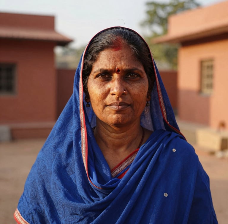 Dignified eye-level portrait of a rural Indian woman leader, direct gaze, warm golden-hour natural light, terracotta courtyard background, 35mm lens.