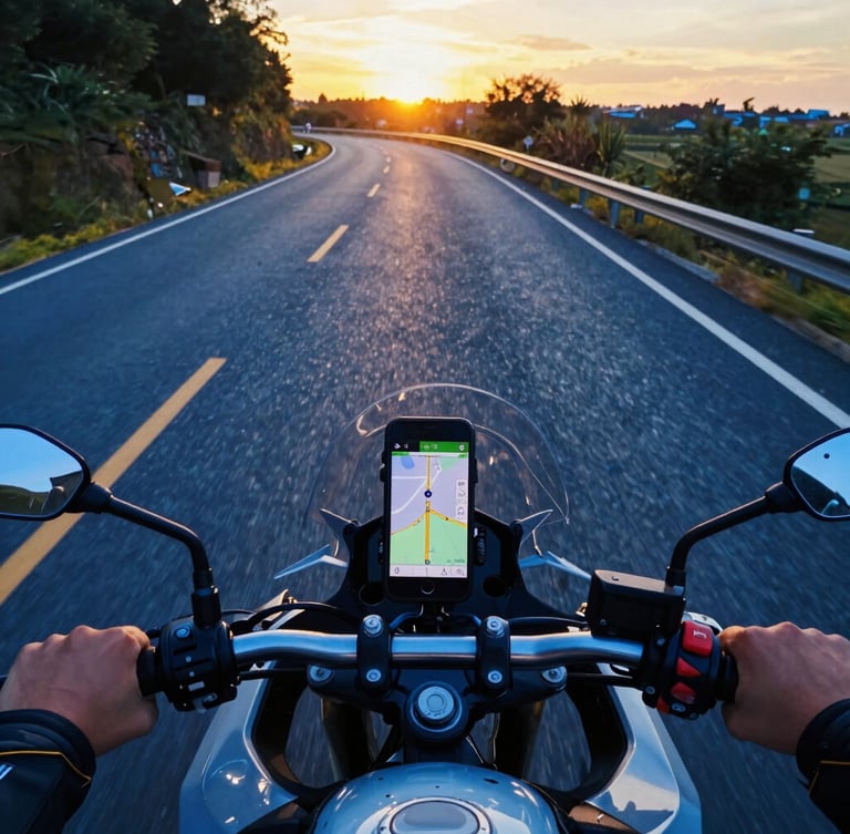 First-person perspective over motorcycle handlebars on a winding asphalt road during golden hour, phone mounted showing GPS navigation, high-contrast blue and yellow tones