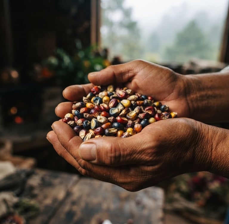 Tight macro shot of raw Oaxacan heirloom corn kernels in warm hands, rustic wooden background, soft misty mountain light filtering in.