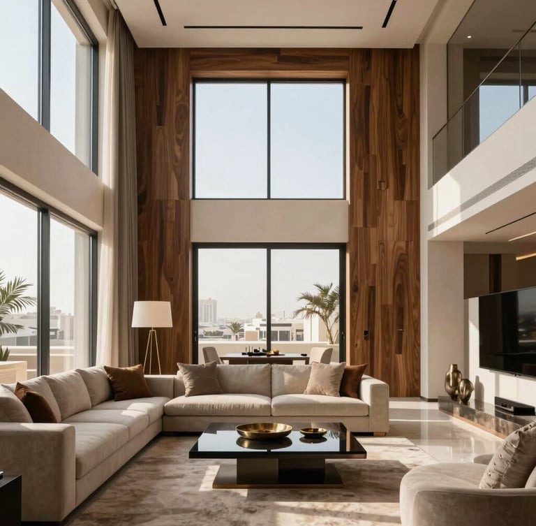 Straight-on architectural elevation shot, warm natural daylight filtering through large windows, modern luxury Riyadh living room showing premium wood cladding and smooth painted plaster transitions, high-end editorial photography.