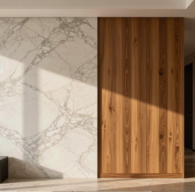 Straight-on architectural shot of a luxury living room wall where a premium marble alternative meets warm fluted wood cladding, perfect seamless transition, soft morning light.