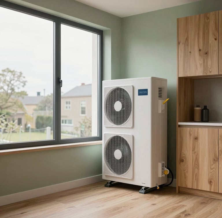 A modern UK home utility room with a neatly installed heat pump system, soft overcast daylight through a side window, clean organized space, architectural photography
