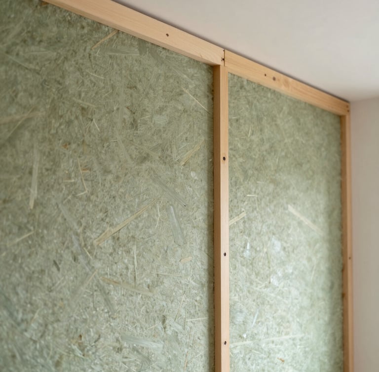 Medium close-up of a neatly finished internal wall showing wood fibre insulation boards, soft diffused side light, clean architectural detail