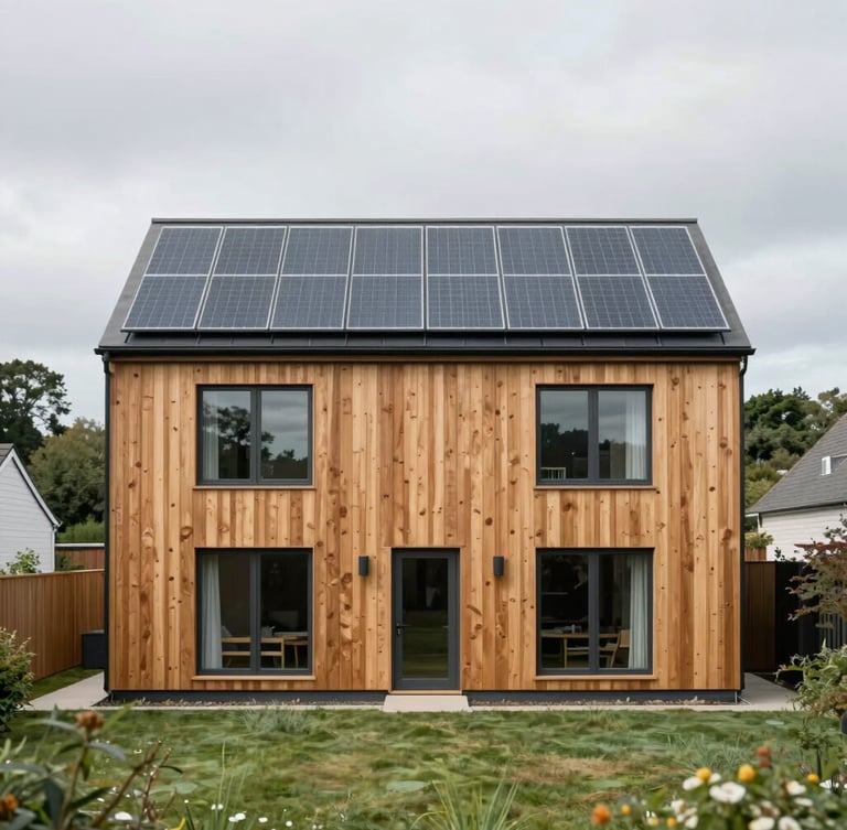 Straight-on architectural elevation of a modern UK home with integrated solar panels, soft overcast UK daylight, muted natural greens and warm wood tones, 35mm lens